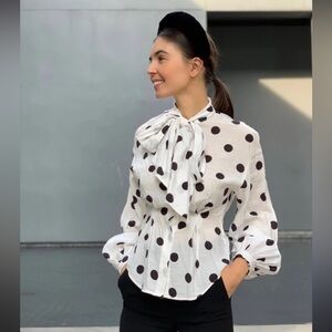 Dana Bachman tie front polka dot silk blouse S